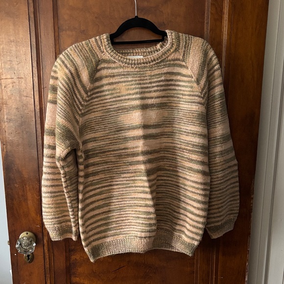 Sweaters - Hand Knitted Beige and Green Striped Sweater